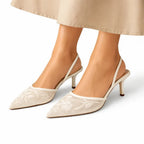FLORELLE – Women's Embroidered Mesh Mule Heels with Floral Detail & Pointed Toe