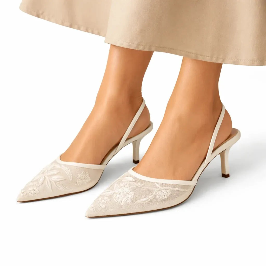 FLORELLE – Women's Embroidered Mesh Mule Heels with Floral Detail & Pointed Toe