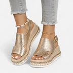 ELARA – Women's Orthopaedic Wedge Sandals with Cushioned Support & Metallic Finish