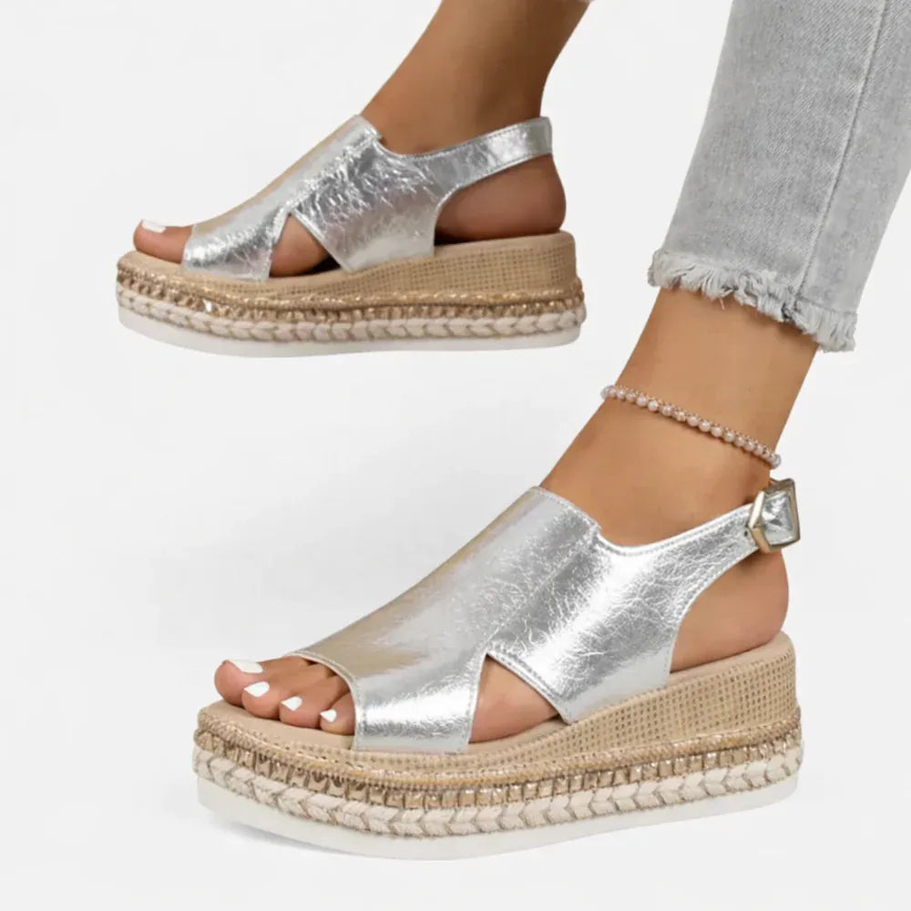 ELARA – Women's Orthopaedic Wedge Sandals with Cushioned Support & Metallic Finish
