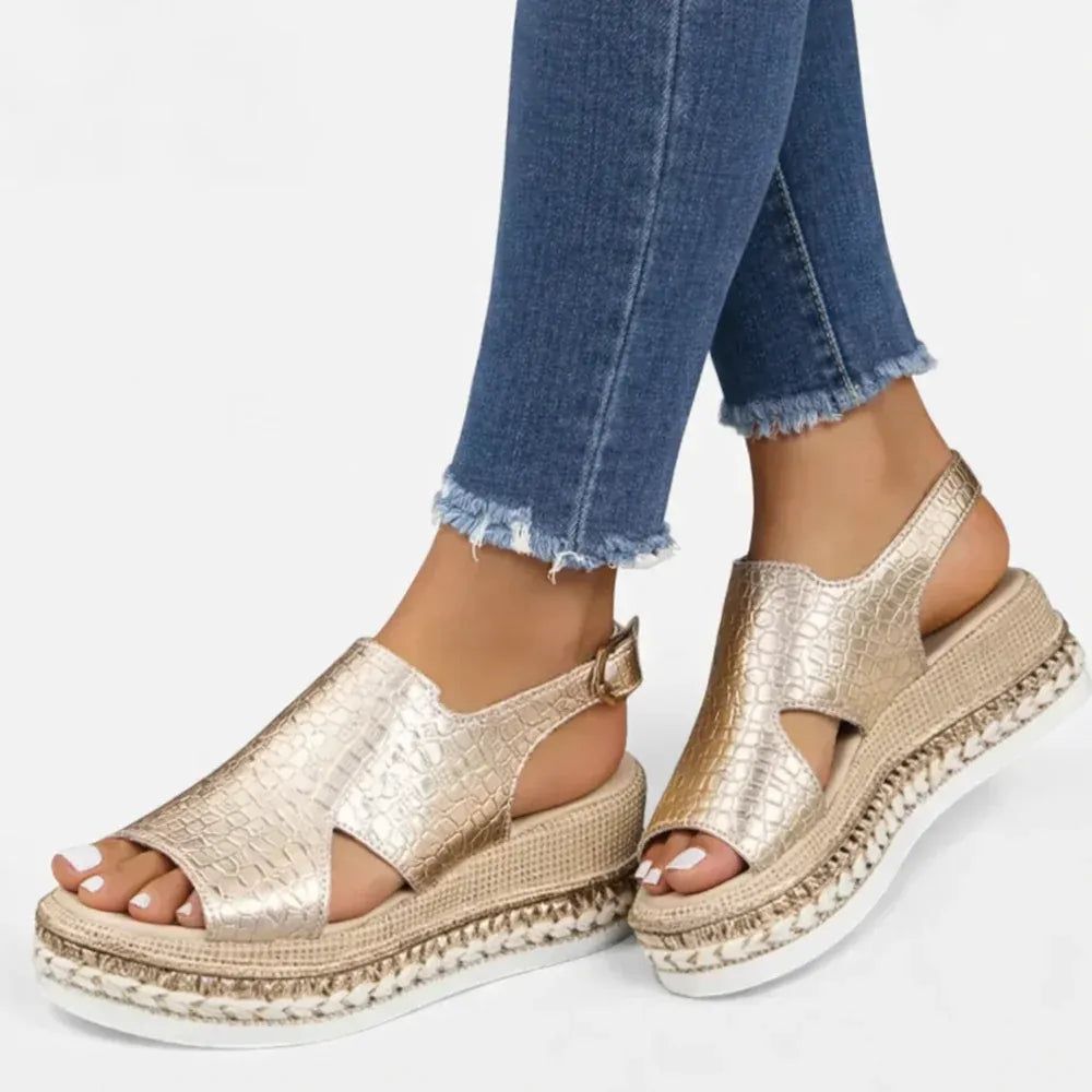 ELARA – Women's Orthopaedic Wedge Sandals with Cushioned Support & Metallic Finish