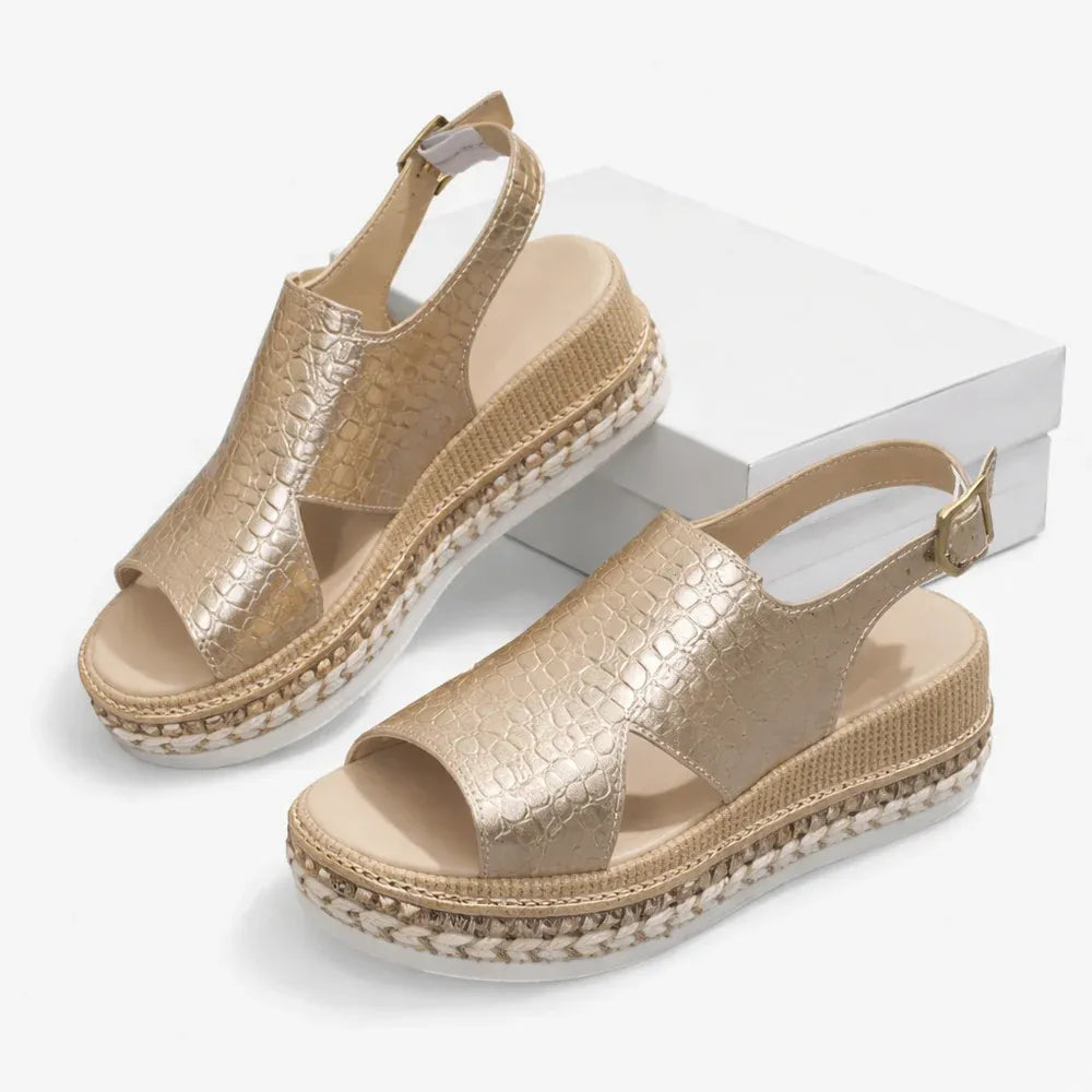 ELARA – Women's Orthopaedic Wedge Sandals with Cushioned Support & Metallic Finish