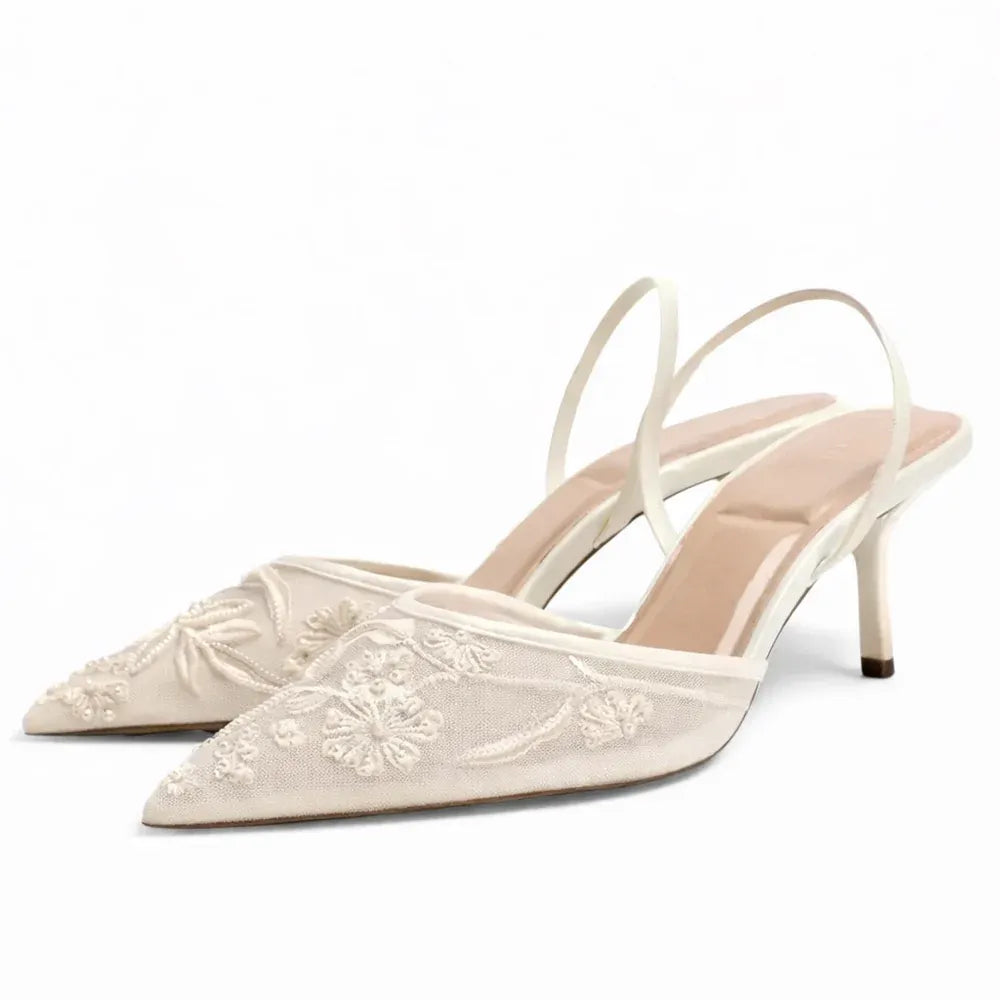 FLORELLE – Women's Embroidered Mesh Mule Heels with Floral Detail & Pointed Toe