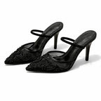 FLORELLE – Women's Embroidered Mesh Mule Heels with Floral Detail & Pointed Toe