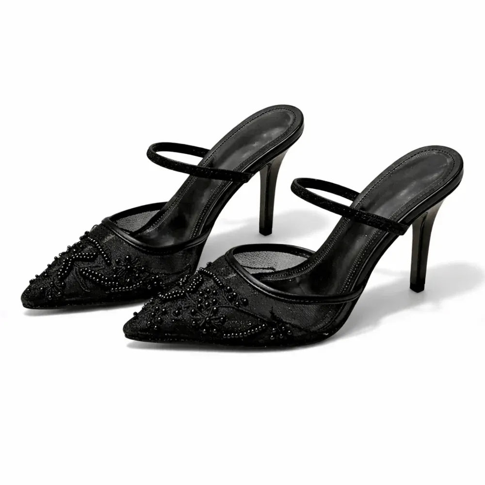 FLORELLE – Women's Embroidered Mesh Mule Heels with Floral Detail & Pointed Toe