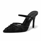 FLORELLE – Women's Embroidered Mesh Mule Heels with Floral Detail & Pointed Toe