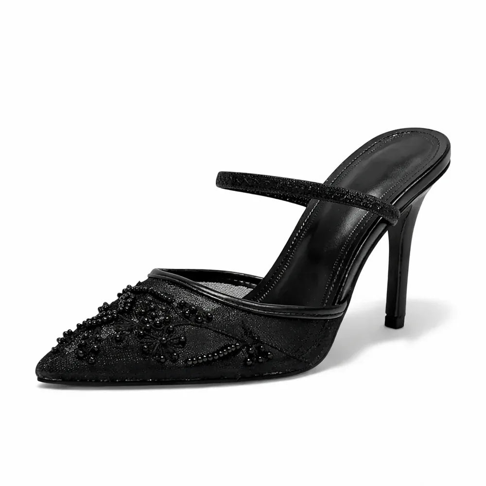 FLORELLE – Women's Embroidered Mesh Mule Heels with Floral Detail & Pointed Toe